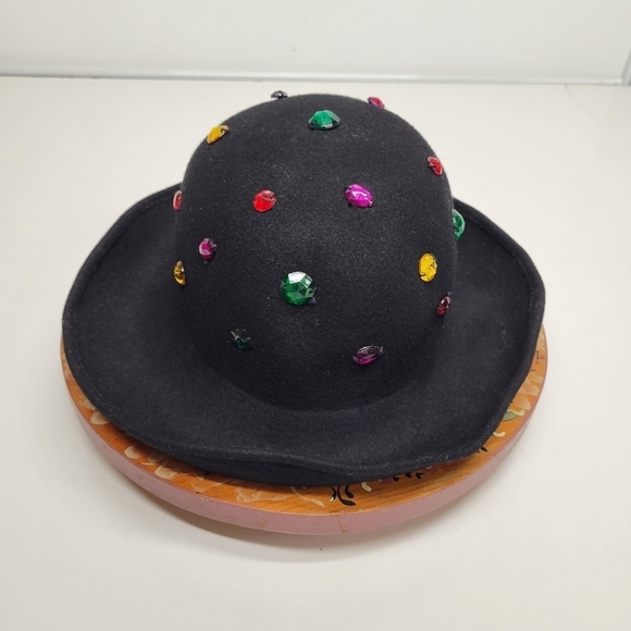 Vintage Wool Bejewled Made in Italy Black Hat Silver Studs Felt 60s Retro‎ - Picture 1 of 17